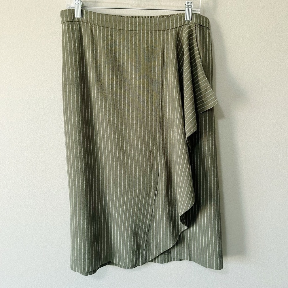 J. Jill Moss Green White Striped Linen Blend Ruffle Midi Skirt Size Medium NEW